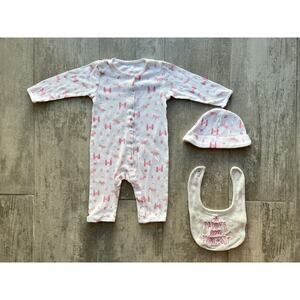 Baby Girl 3 Piece Outfit Set DADDYS LITTLE PRINCESS Coverall Romper Bib Hat 6-9m